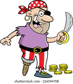 Cartoon illustration of a smiling pirate with a peg leg holding a sword.