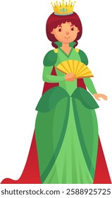 Cartoon illustration of a smiling queen wearing a green gown and a red cape, holding a golden hand fan, representing royalty, elegance and power