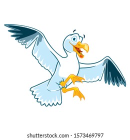 Cartoon illustration of a smiling seagull flying in the air. Happy bird flying in the sky. Isolated vector illustration.