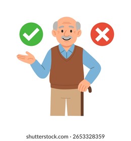 Ilustração de desenho animado de um idoso sorridente segurando uma bengala apresentando uma marca de verificação verde e sinal de cruz vermelha. Representando conceitos de aprovação ou rejeição em um estilo claro e simples.