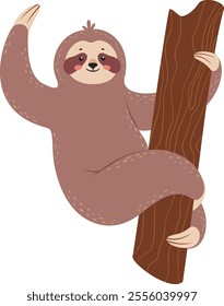 Cartoon illustration of a smiling sloth waving with one hand while hanging on a tree branch, showcasing its relaxed and friendly nature in a vibrant, playful style