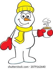 Cartoon illustration of a smiling snowman holding a steaming cup of coffee.