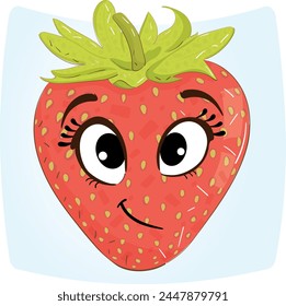 Cartoon Illustration of a Smiling Strawberry on Light Blue Background. Funny Food Character. Vector Illustration.