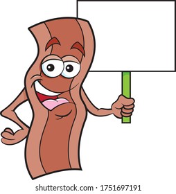 Cartoon illustration of a smiling strip of bacon holding a sign.