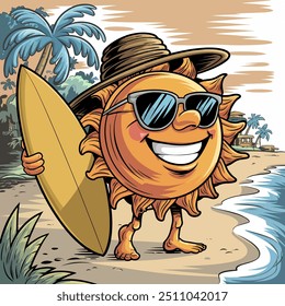 A cartoon illustration of a smiling sun with sunglasses and a straw hat. The sun is holding a surfboard and is standing on a sandy beach. In the background, there are palm trees and a few buildings. T