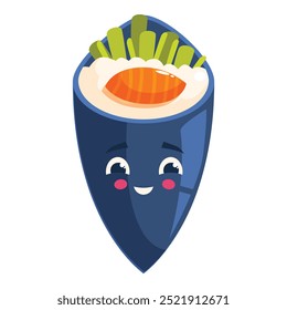 Ilustração em desenho animado de um sorridente sushi temaki com salmão, pepino e arroz