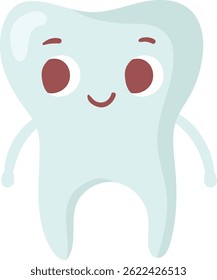Cartoon illustration of a smiling tooth with big eyes and small arms standing on a white background, promoting dental health and hygiene for children