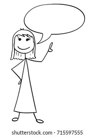 Cartoon illustration of smiling woman girl with empty text speech bubble balloon.