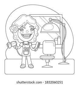 Cartoon illustration of a smiling woman hairdresser at barbershop. Coloring book page with profession character.