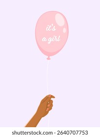 Cartoon illustration of a smiling woman holding a pink balloon with the text "It’s a Girl." Perfect for gender reveal or baby shower designs