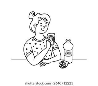 Cartoon illustration of a smiling woman holding a glass of water. Beside her is a water bottle and a citrus fruit. Black and white style. Refreshing concept.