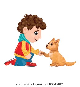 Cartoon illustration of a smiling young boy kneeling down to shake the paw of his pet puppy dog