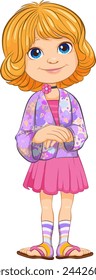 Cartoon illustration of a smiling young girl standing.