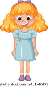 Cartoon illustration of a smiling young girl.