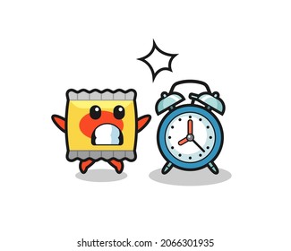 Cartoon Illustration of snack is surprised with a giant alarm clock , cute style design for t shirt, sticker, logo element