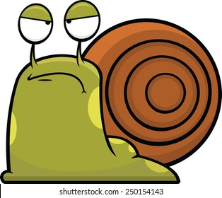 Cartoon illustration of a snail with a grumpy expression. 