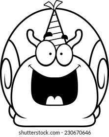 A cartoon illustration of a snail with a party hat looking happy.