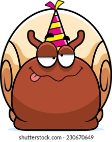 A cartoon illustration of a snail with a party hat looking drunk.