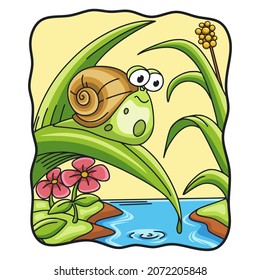 cartoon illustration snail walking on tree leaves