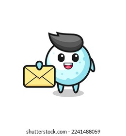 cartoon illustration of snow ball holding a yellow letter , cute style design for t shirt, sticker, logo element