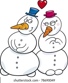 cartoon illustration of snowman couple in love