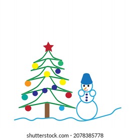 Cartoon illustration of a snowman and a decorated Christmas tree. Characters of winter holidays . Funny and cute banner, template for Christmas cards, covers, headlines, wall decorations.