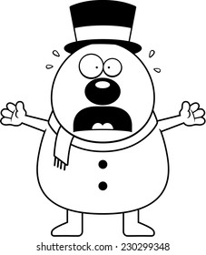 A cartoon illustration of a snowman looking scared.