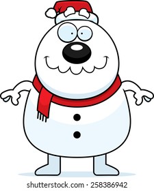 A cartoon illustration of a snowman Santa Claus looking happy.