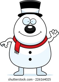 A cartoon illustration of a snowman waving.