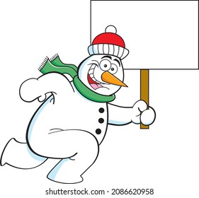 Cartoon illustration of a snowman wearing a stocking cap and a scarf running while holding a sign.