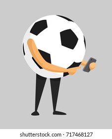 Cartoon illustration of soccer ball using a mobile phone