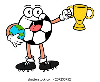 Cartoon illustration of Soccer Ball wearing football boots holding a globe and trophy, best for mascot, logo, and sticker for soccer tournament for kids