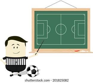 cartoon illustration of soccer referee teaching with blackboard isolated on white background