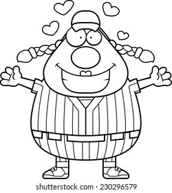 A cartoon illustration of a softball player ready to give a hug.