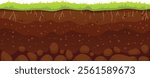 Cartoon illustration of soil layers with grass growing on top, roots visible underground, and stones at the bottom, representing a healthy ecosystem