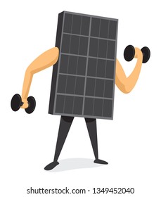 Cartoon illustration of solar panel getting stronger workout