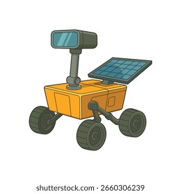 Ilustración de dibujos animados de un rover alimentado por energía solar para explorar el espacio.