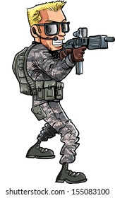Cartoon illustration of a Soldier with a sub machine gun. Isolated