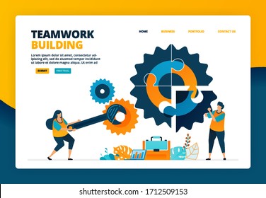 Cartoon illustration of solve puzzles in the industry. Building a team to advance the company. Human resource development fixing. Vector design for landing page website web banner mobile apps poster