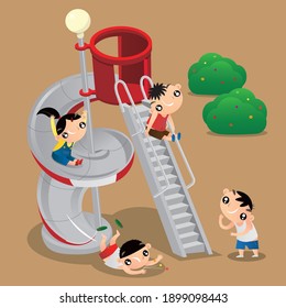 Cartoon illustration of some Hong Kong kids playing with an old-fashioned playground slide