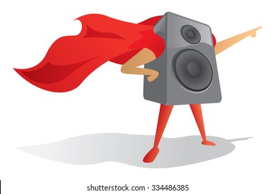Cartoon illustration of sound speaker super hero with cape