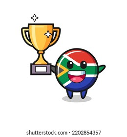 Cartoon Illustration of south africa is happy holding up the golden trophy , cute design