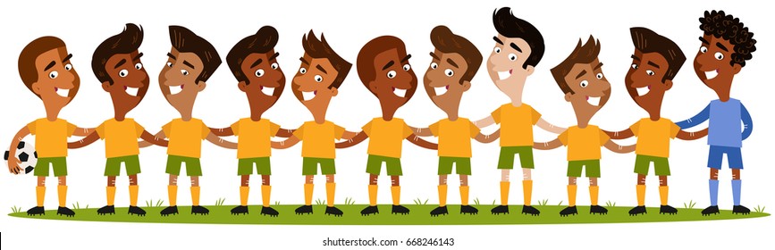 Cartoon illustration of south american men's football team lineup standing on football field isolated on white background