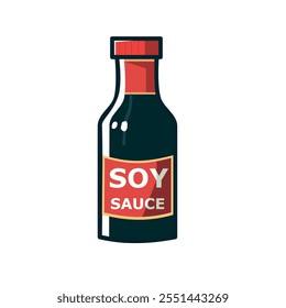 Una ilustración de dibujos animados de una botella de salsa de soja con una etiqueta roja y una tapa, ideal para temas relacionados con la cocina asiática, los condimentos y los ingredientes de cocina