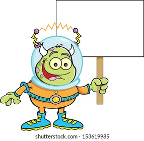 Cartoon illustration of a space alien holding a sign.