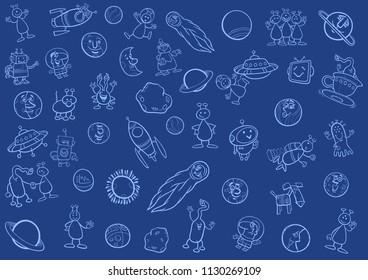 Cartoon Illustration of Space Objects and Fantasy Characters Set or Background in Blue