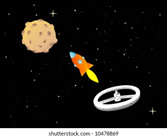 Cartoon illustration of a space rocket, a moon, and a space station