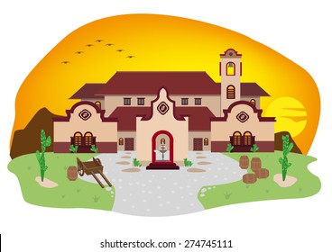 Cartoon illustration of Spanish Mediterranean house or Mexican Villa in a Ranch during sunset. Typical home design in California and Hispanic countries.