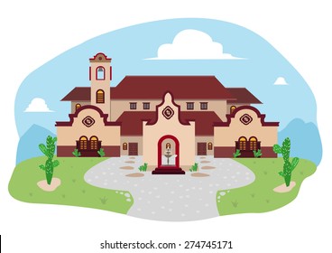 Cartoon illustration of Spanish Mediterranean house or Mexican Villa in a Ranch during daytime.