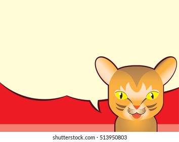 Cartoon illustration, speech bubble and Abyssinian cat, on red background.